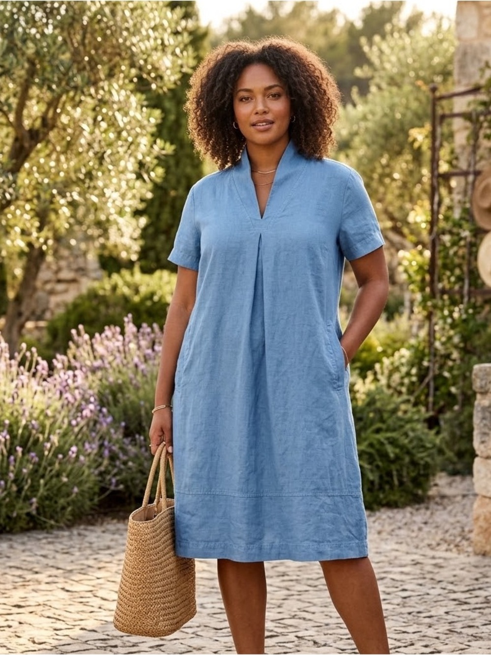 Poetry Shawl Collar Sky Blue V-Neck Linen Dress with Pockets 14 Coastal